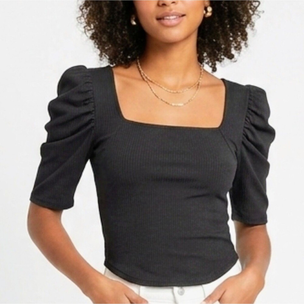 FREE PEOPLE Top Black Ribbed Puff Short Sleeve Shirt Women Size Small NEW NWOT